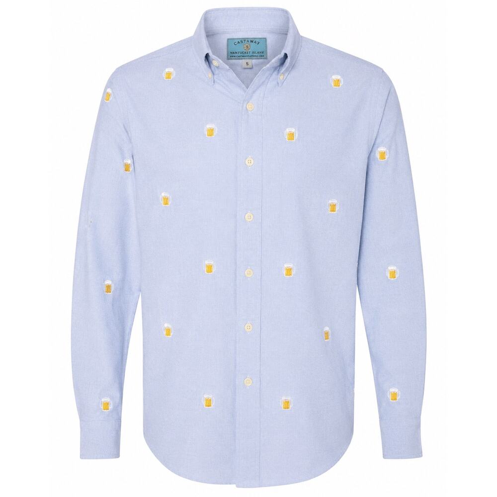 Castaway Nantucket Island Blue Oxford Beer Mug Embroidered Button Down Shirt SM